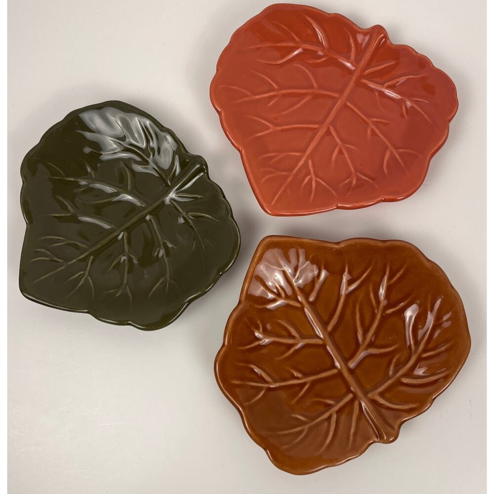 Wendover Lane Leaf Plates Ceramic Dishes Green Orange Brown Set of 3